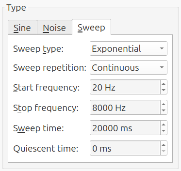 Settings for 'sweep' signal generator type